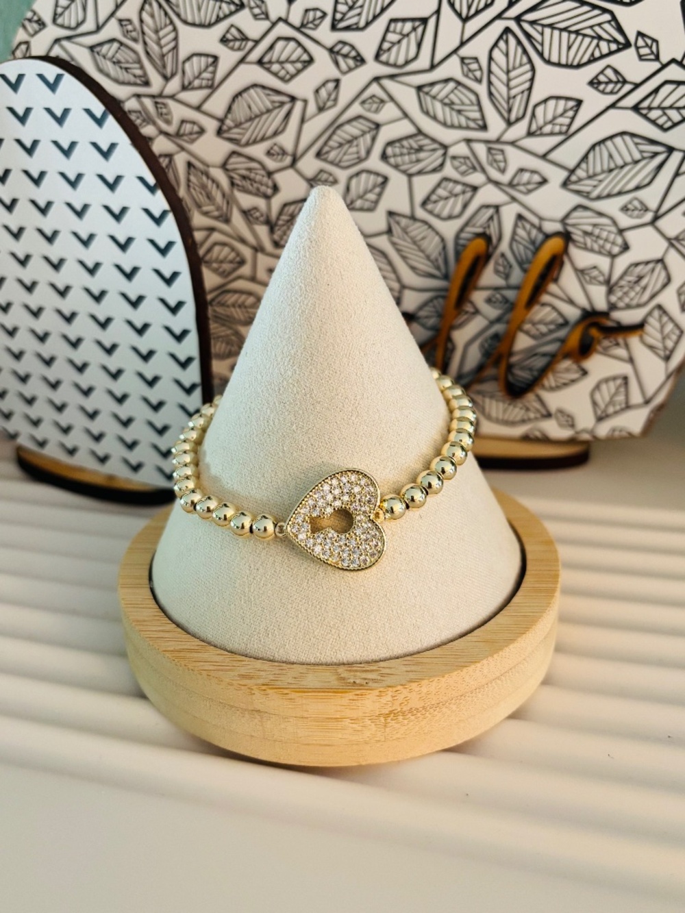 CZ Heart Lock on Gold Beaded Bracelet
